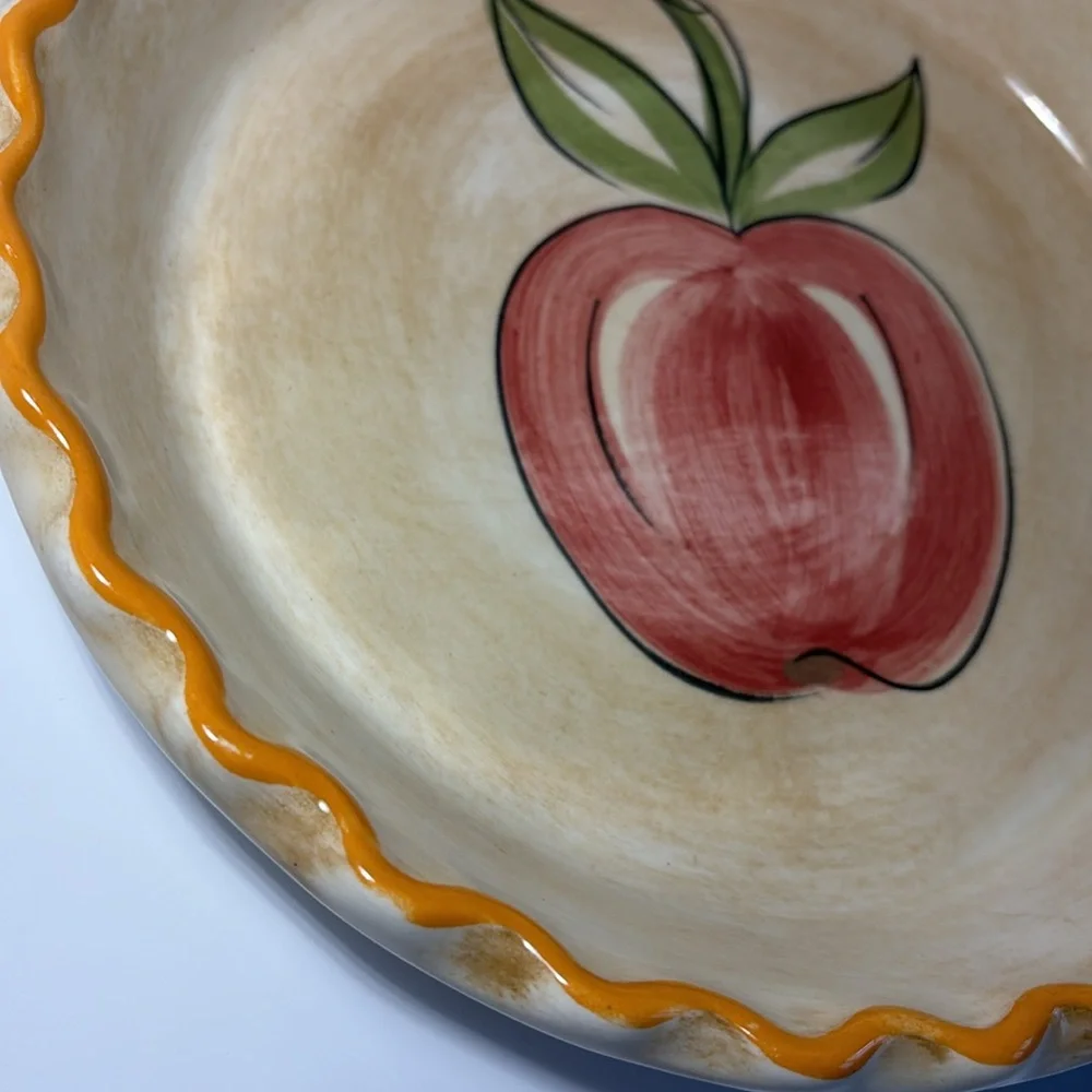Los Angeles Potteries Ovenware Apple Pie Dish 9” Cream Tan Yellow Trim VTG 1971